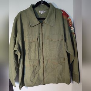 Green Zip-Up Jacket with Embroidered Sleeve Size 3X #583